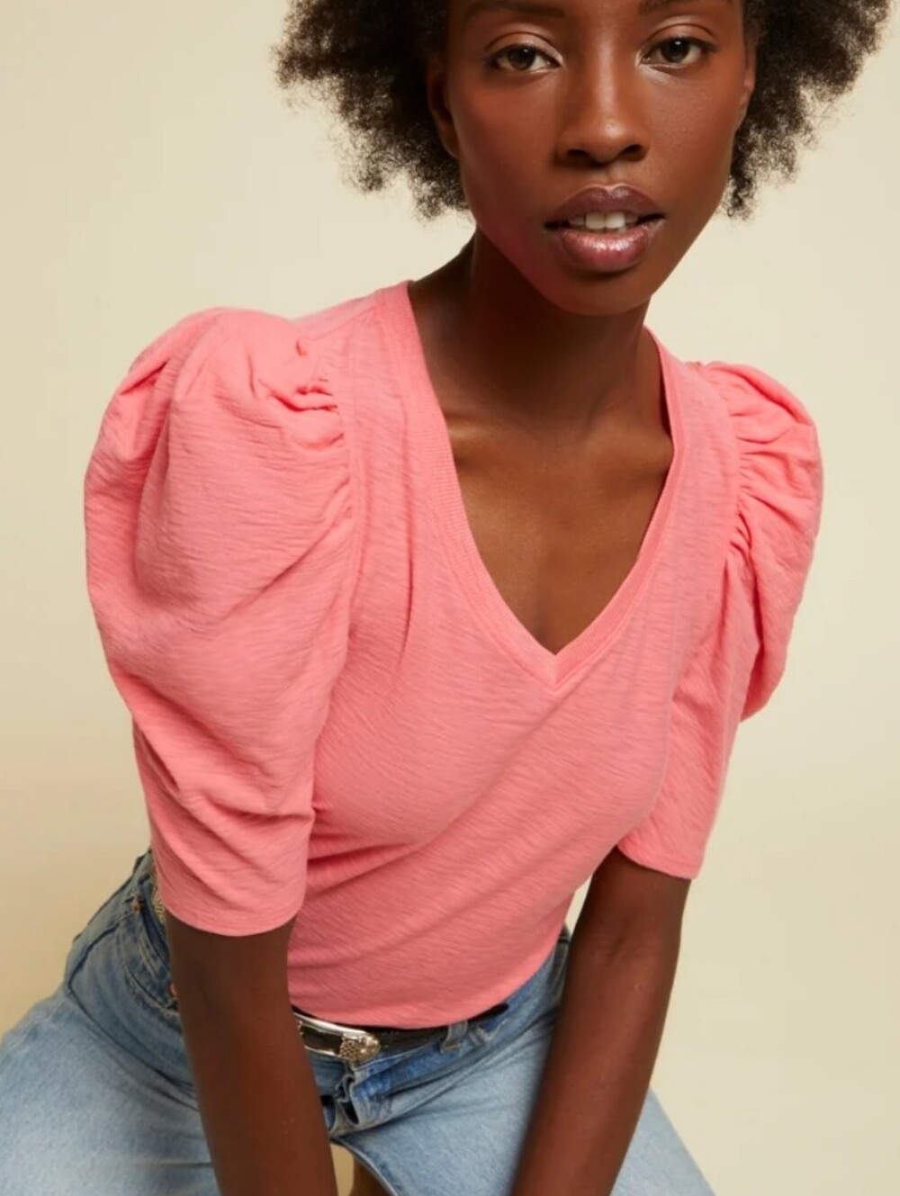 Nation LTD Jillian Bould Shoulder V-neck Slub Knit Tee Medium Women's Pima